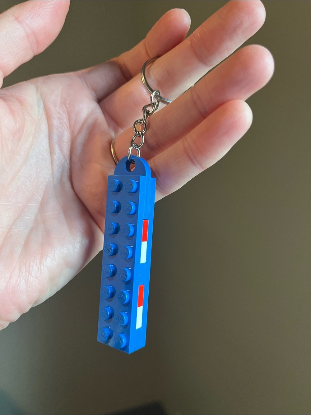 Lego Blue Keychain with Red and White Accents - Handmade